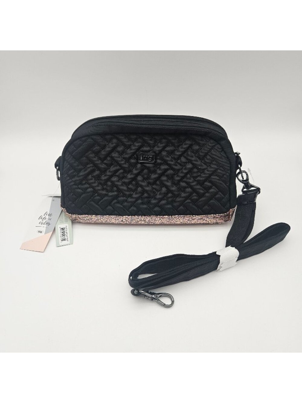 LUG Punter Small Crossbody RFID Handbag Black Quilted Pink Glitter Bottom NWT